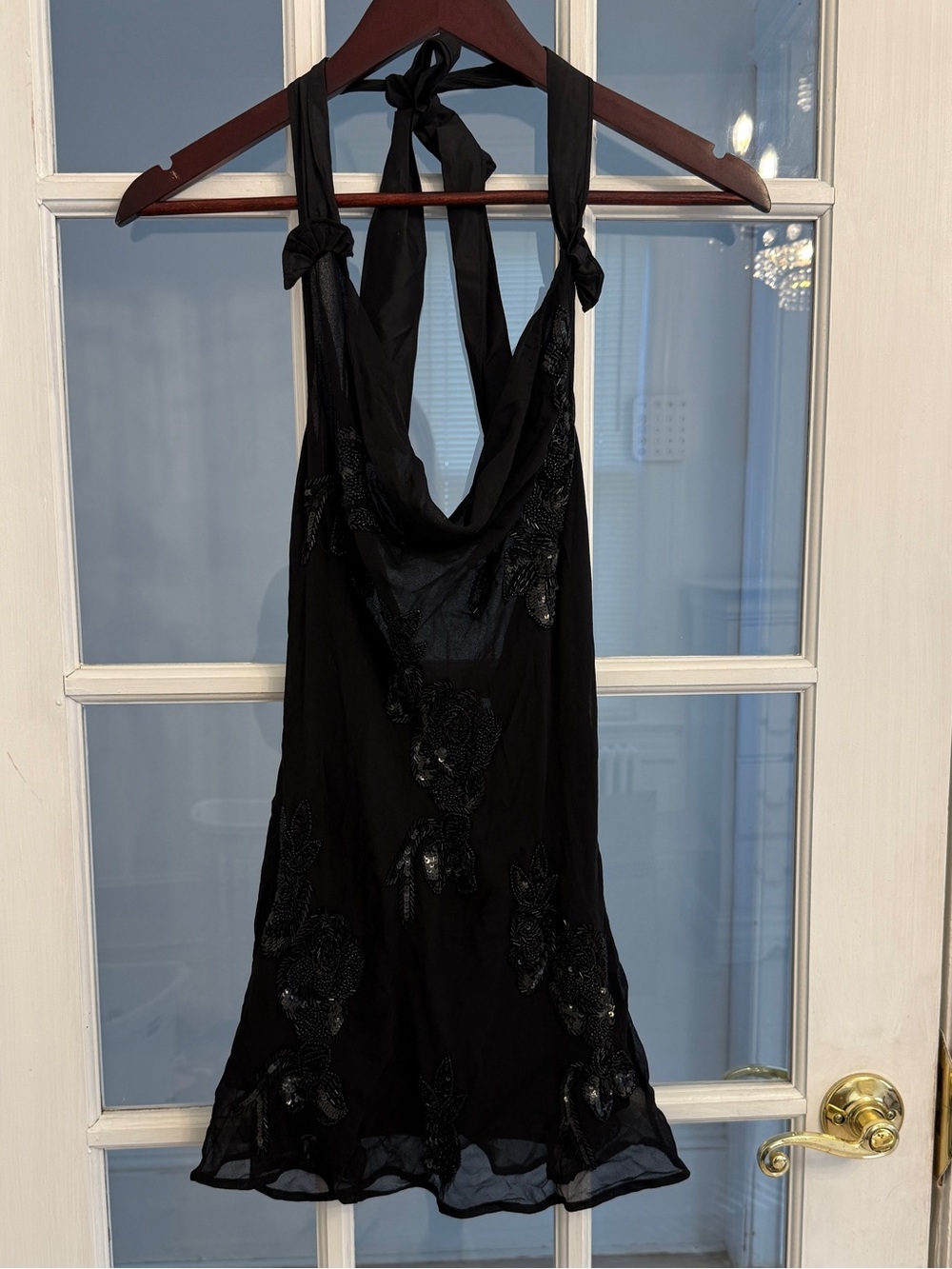 Tracy Reese Women’s Black Silk Floral Beaded Sequin Cowl Neck Halter Top Size M